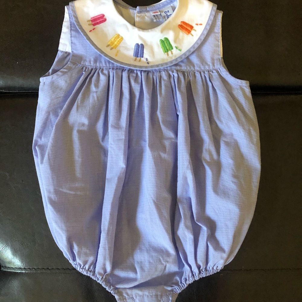 6M Blue smock embroidered summer popsicle romper